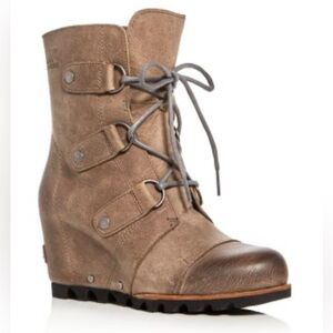 Sorel Women's Joan Of Arctic Leather Tan Lace Up Wedge Booties Size 8